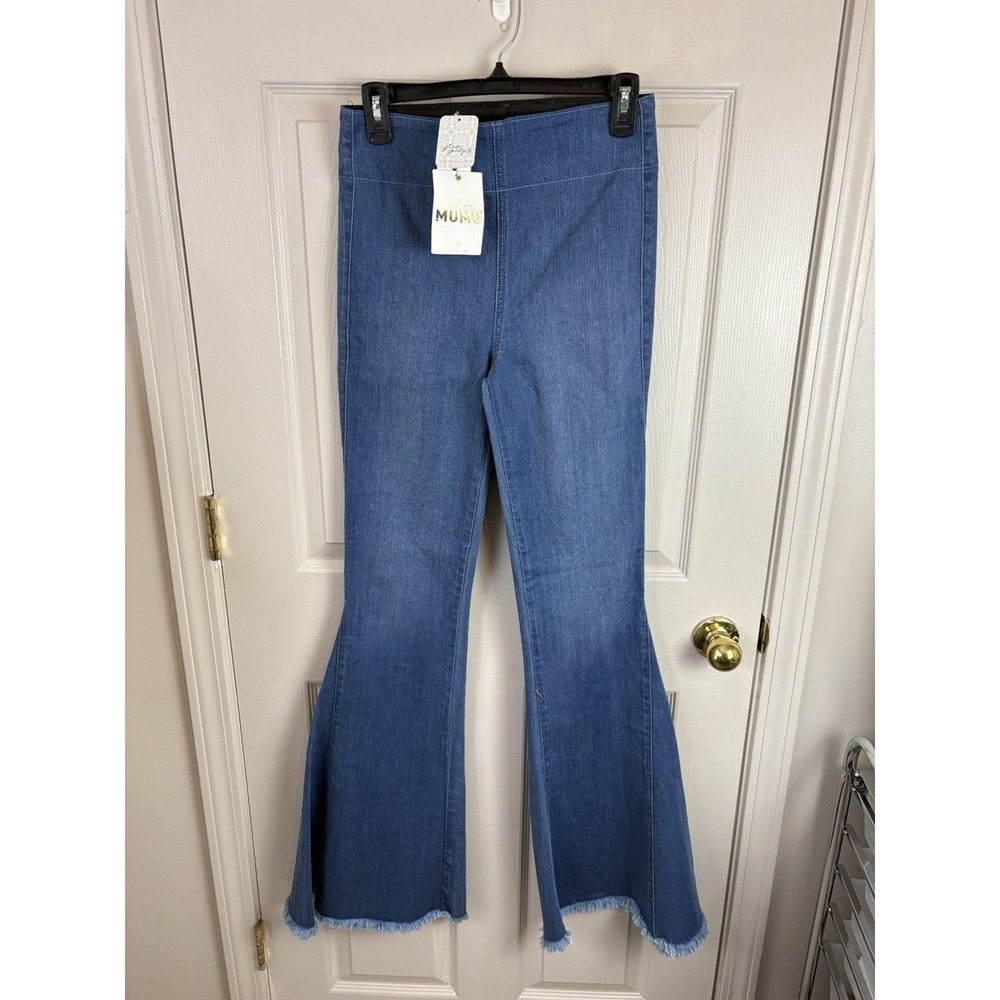 Show Me Your Mumu Flare Jeans Women Medium Blue NEW Berkeley Bells Ocean Frayed